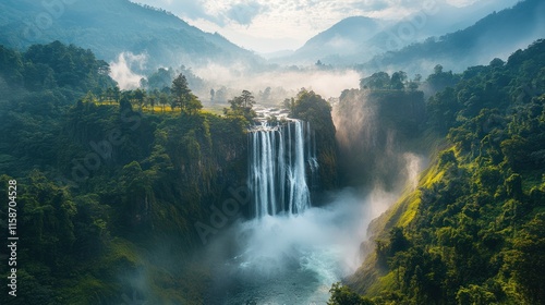 Majestic waterfall cascading down lush green mountains, enveloped in mist.