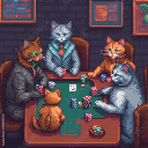 Group cats each wearing suit tie are playing poker table