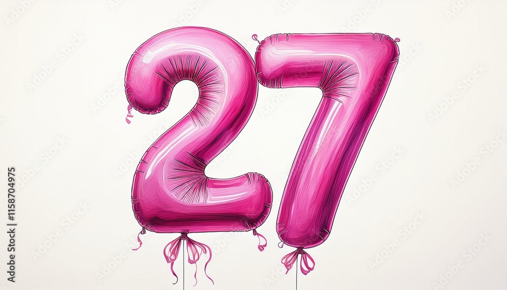 Pink birthday / anniversary balloon, number 27, watercolor painting with white background Pink birthday / anniversary balloon, number 27, watercolor painting with white background