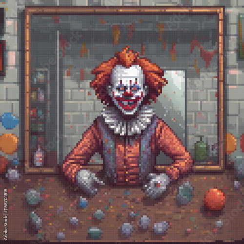 Pixel art image man an orange outfit standing front messy counter mirror bottle labeled Soda