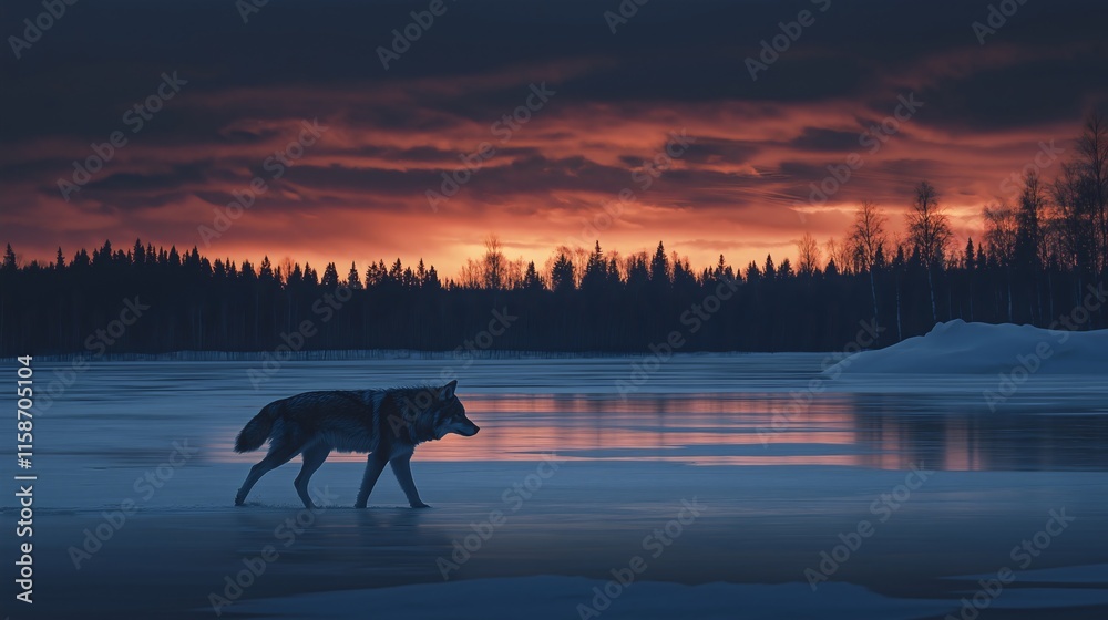 Lone Wolf at Sunset: A Serene Silhouette on an Icy Lake, Capturing the Peaceful Beauty of the Northern Wilderness and Dramatic Twilight Sky Lone Wolf at Sunset: A Serene Silhouette on an Icy Lake, Capturing the Peaceful Beauty of the Northern Wilderness and Dramatic Twilight Sky