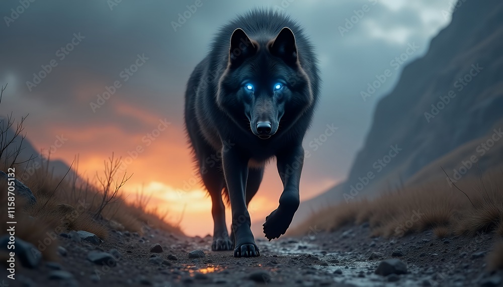 Majestic Black Wolf with Glowing Eyes Walking Towards Sunset in Mountainous Landscape Majestic Black Wolf with Glowing Eyes Walking Towards Sunset in Mountainous Landscape