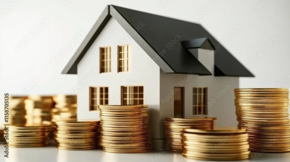 House and coin stack on white background illustrate rent cost management and home savings goals. Energy-efficient living, daily cost awareness, and AI-generated imagery for investment property dreams House and coin stack on white background illustrate rent cost management and home savings goals. Energy-efficient living, daily cost awareness, and AI-generated imagery for investment property dreams