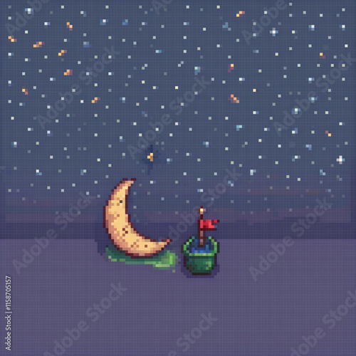 Pixel art image depicts moon Subject stars Foreground Details background lantern Unique features is placed next bucket water Background Feature