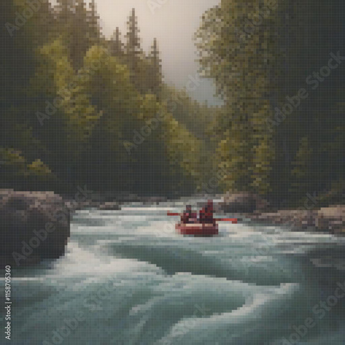 River scene two people red raft surrounded trees rocks