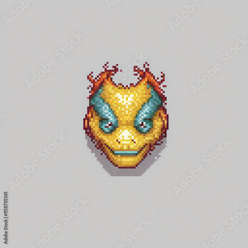 Pixelated image fiery demonic face glowing eyes mouth set against gray background