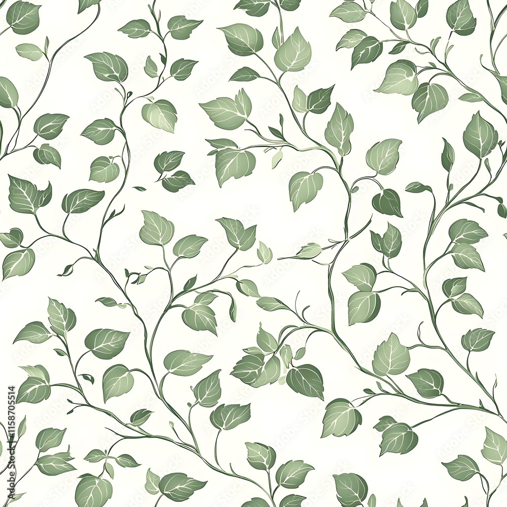 Seamless pattern of sage green vines gracefully sprawled across a crisp white background Seamless pattern of sage green vines gracefully sprawled across a crisp white background