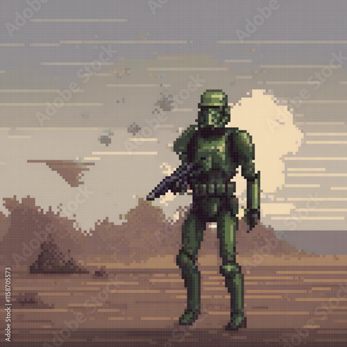 Green space trooper stands desert holding gun space ship background
