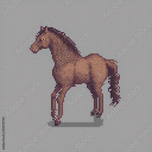 Pixel art image brown horse unique pattern standing pixelated background