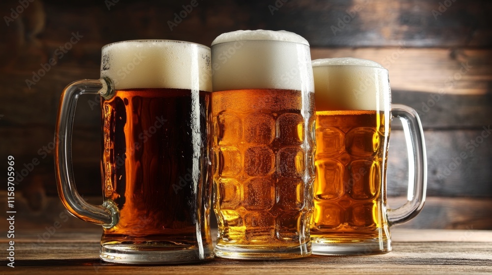 Four glassed of beer on wooden background Four glassed of beer on wooden background