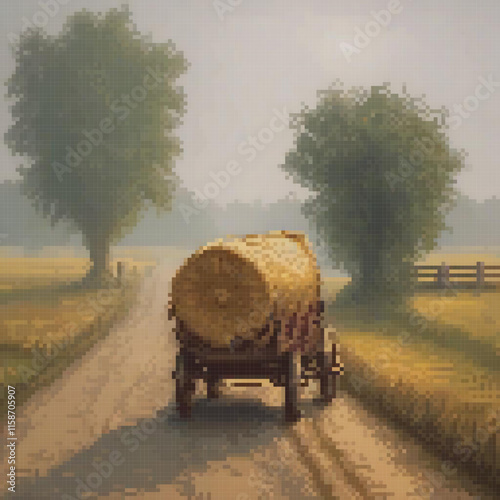 Pixel art depicts horsedrawn wagon carrying hay road trees background fence nearby