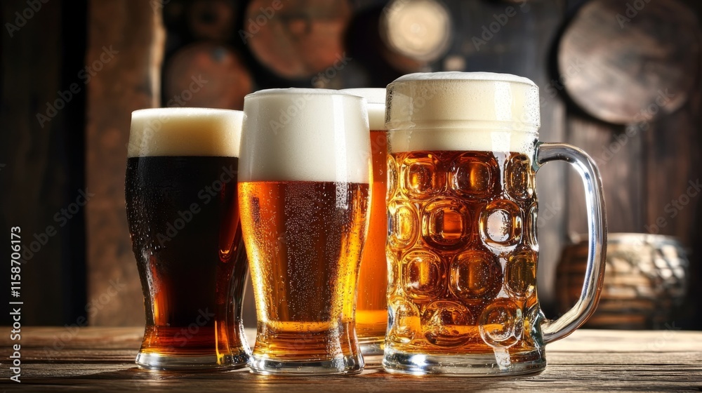 Four glassed of beer on wooden background Four glassed of beer on wooden background