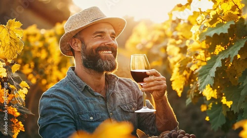 man with a glass of wine in the vineyard. Selective focus photo