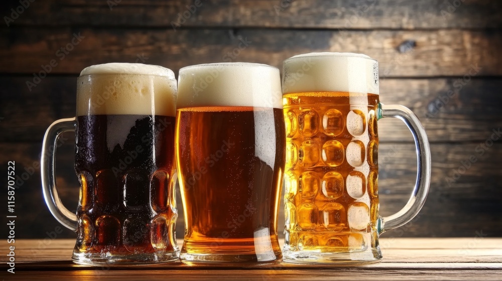 Four glassed of beer on wooden background Four glassed of beer on wooden background