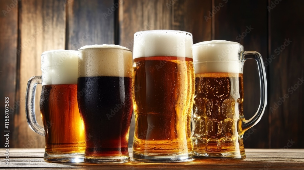 Four glassed of beer on wooden background Four glassed of beer on wooden background