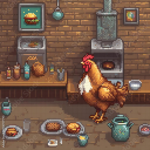 Pixel art image depicts large chicken standing kitchen various food items stove dining table