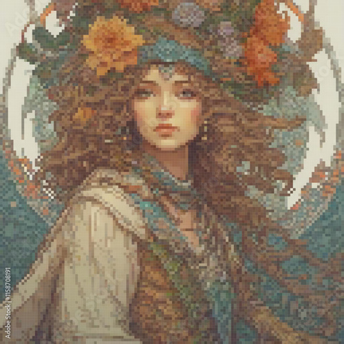 Woman long curly hair adorned flower headdress stands front background featuring circular design
