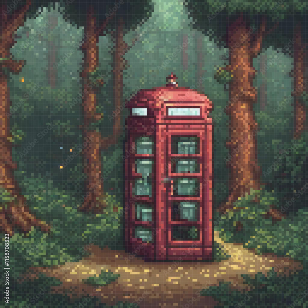 Pixel art image depicts red British phone booth forest glowing background unique blend colors Pixel art image depicts red British phone booth forest glowing background unique blend colors