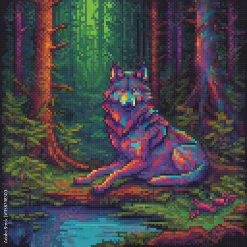 Wolf vibrant colors sits river surrounded lush greenery pixel art style