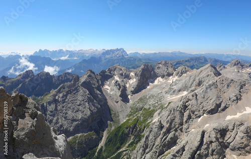 view from over 3000 m altitude on the European ALPS Mountains in Northern Italy in summer