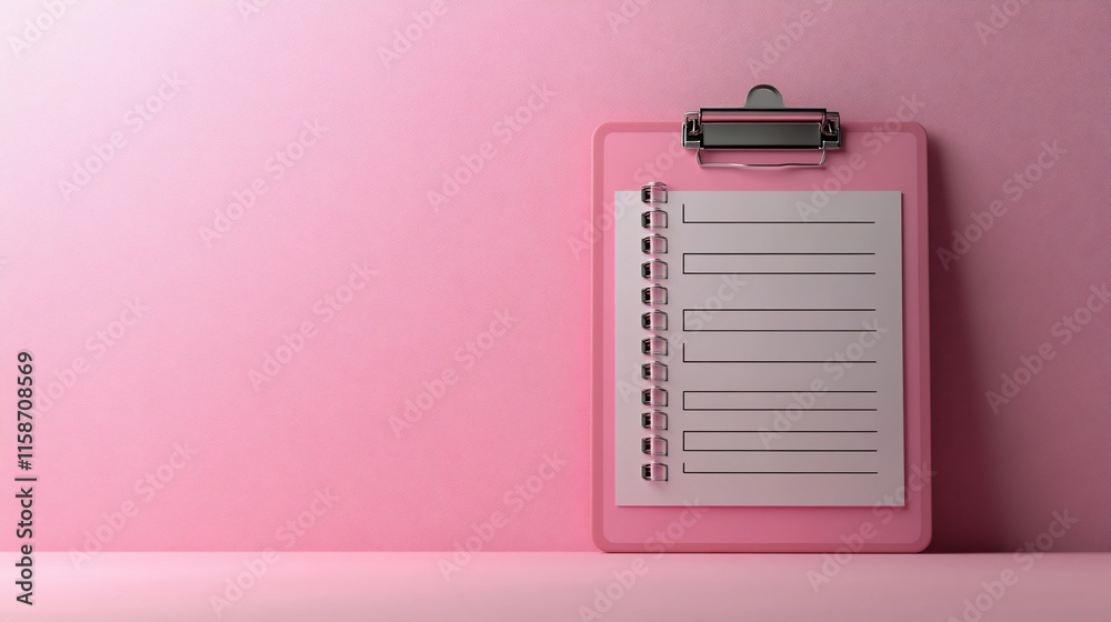 Pink clipboard with blank notepad against pink background. Pink clipboard with blank notepad against pink background.