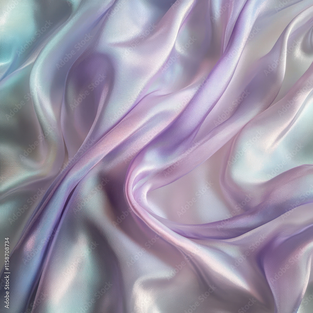 Obraz premium A silky fabric texture in pastel shades of lavender and mint, soft diffused lighting creating gentle highlights and shadows on the folds, evoking a dreamy and serene mood. The texture feels light and
