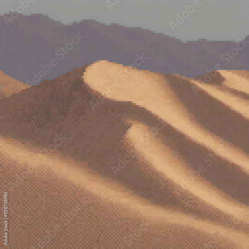Pixel art image desert mountain range background showcasing unique features like dunes handdrawn mountain range