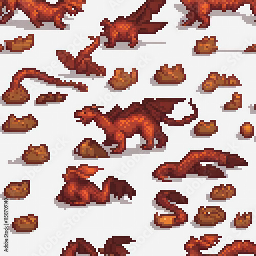Image showcases various dragon species each unique features like tails wings background features mix rocks dirt pixel art style adds distinct visual appeal