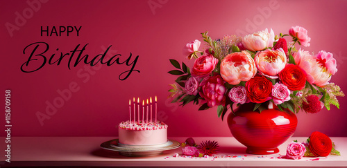 bouquet of flowers in a vase. floral arrangement in vase on pink background. Text Happy Birthday and birthday cake