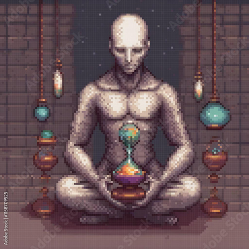 Pixel art image depicts humanoid figure holding timemeasuring device surrounded various objects dark background