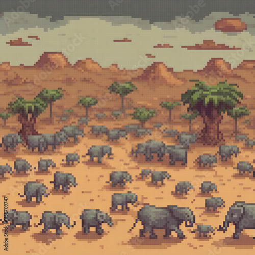 Pixel art image depicts vast savannah mix trees mountains herd elephants