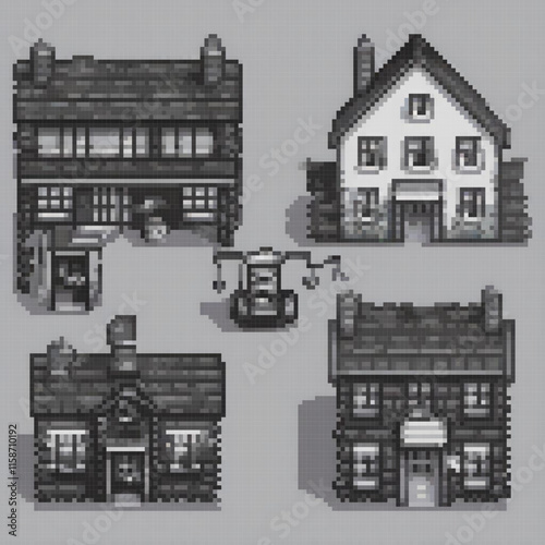 Image showcases four pixel art representations oldfashioned houses each unique features like chimneys shutters