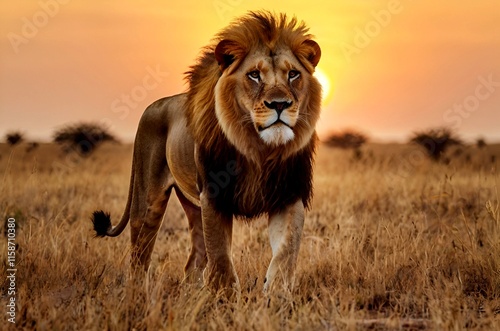 Wallpaper Mural Captivating portrait of a lion, its presence commanding attention, as the sun sets on the horizon. Torontodigital.ca