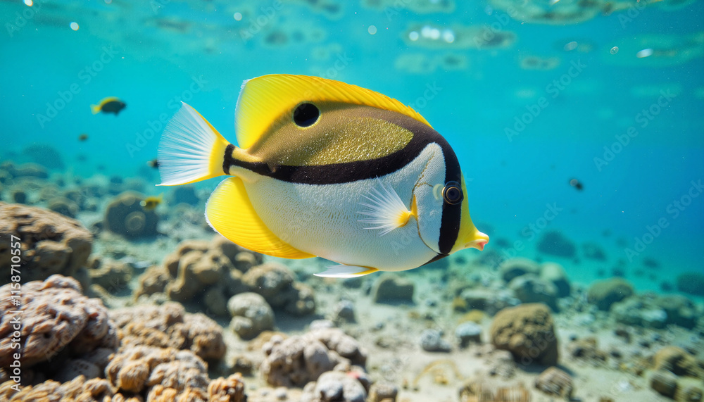 Vibrant triggerfish swimming gracefully over coral reef, marine beauty Vibrant triggerfish swimming gracefully over coral reef, marine beauty