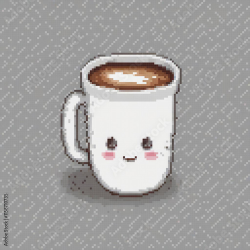 Cute cartoon cup smiley face placed pixelated background