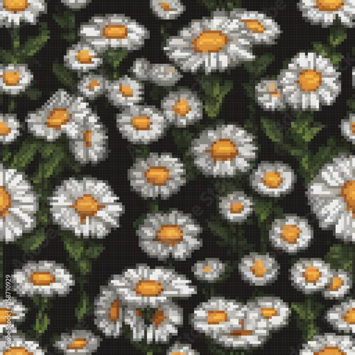 Image showcases field daisies intricate details black background pixel art style