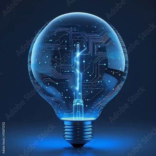 Futuristic light bulb with glowing circuits and digital details, blending creativity and technology, symbolizing innovation, modern solutions, and breakthrough ideas.
