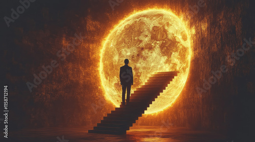 A businessperson silhouetted against a glowing ladder that symbolizes career growth, with the figure standing firmly on the highest step, set against a subtle gradient beige background, photo