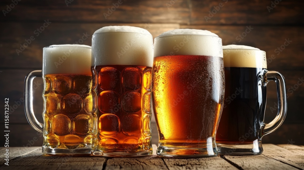 Four glassed of beer on wooden background Four glassed of beer on wooden background