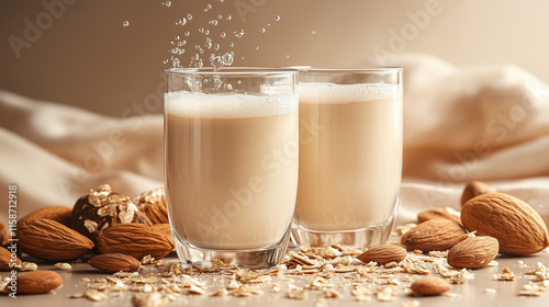 Two glasses of almond milk and almond nuts
