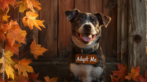 Adorable dog with Adopt Me collar, smiling amidst autumn leaves, showcasing warm and inviting atmosphere. Perfect for promoting pet adoption and companionship