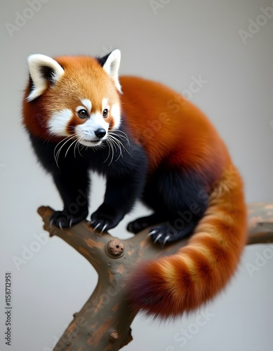 Adorable Red Panda Perched on Wooden Branch Soft Fur Background photo