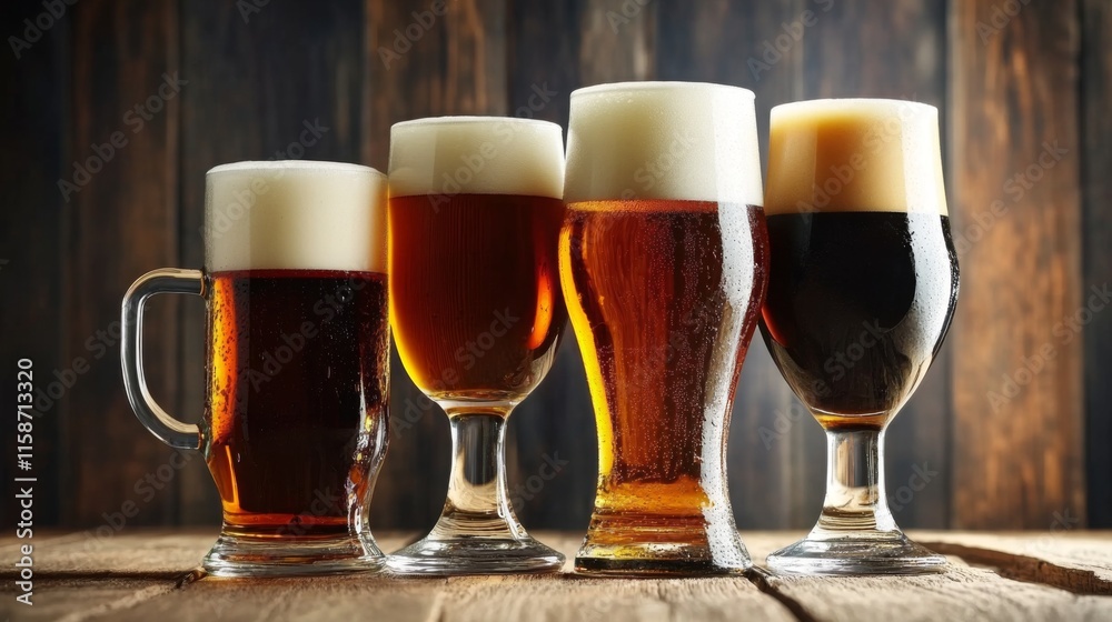 Four glassed of beer on wooden background Four glassed of beer on wooden background