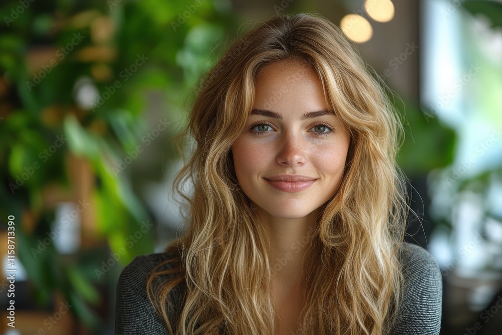 A woman with long blonde hair is smiling and looking at the camera. Generative AI A woman with long blonde hair is smiling and looking at the camera. Generative AI