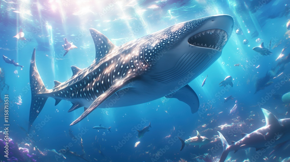 Fototapeta premium An enormous whale shark gliding through a vibrant ocean current.
