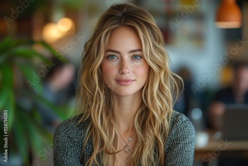 A woman with long blonde hair is sitting in a cafe. Generative AI