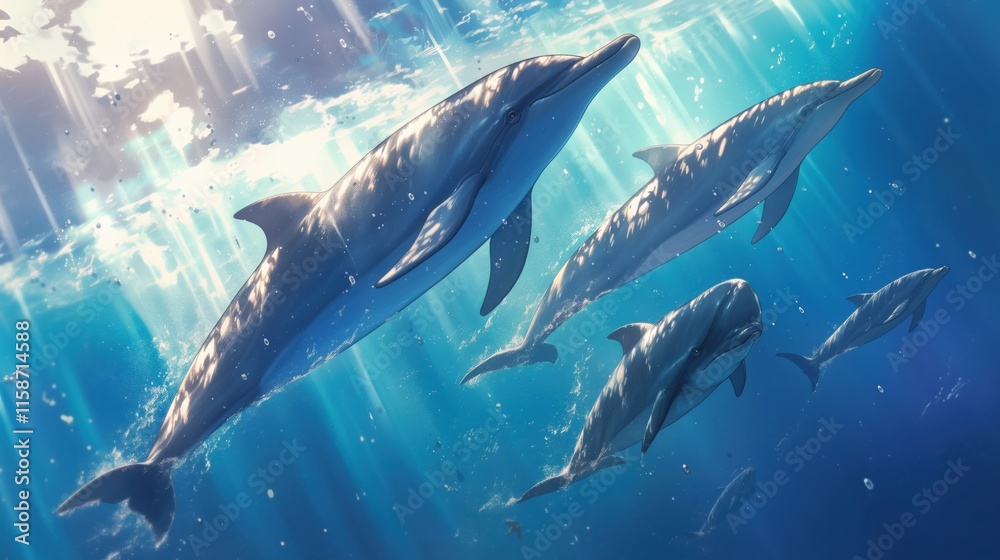 Naklejka premium A pod of dolphins swimming gracefully under the setting sun.