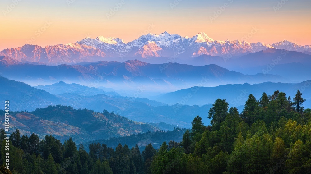 Majestic Snow-Capped Mountain Range at Dawn with Forested Foothills Majestic Snow-Capped Mountain Range at Dawn with Forested Foothills
