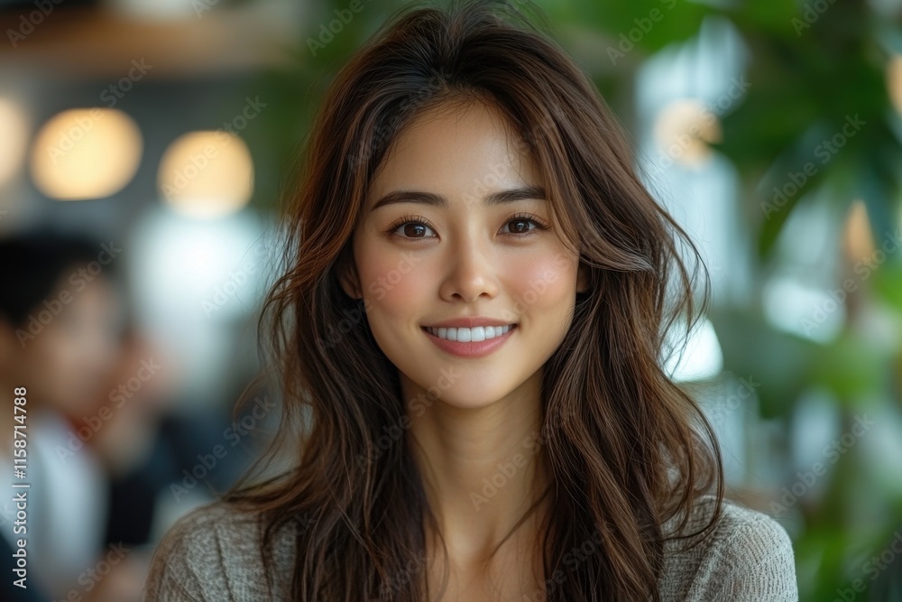 Fototapeta premium A woman with long brown hair is smiling and looking at the camera. Generative AI