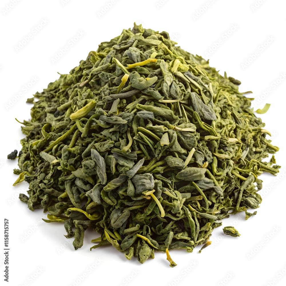 A small heap of green tea leaves is neatly arranged, showcasing their vibrant color and delicate texture. A small heap of green tea leaves is neatly arranged, showcasing their vibrant color and delicate texture.